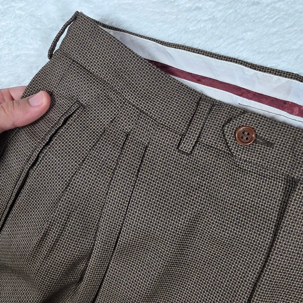 Canali Milano Full Suit Men 48(38) Brown Wool Micro-check 2-Button Pleated 32x29